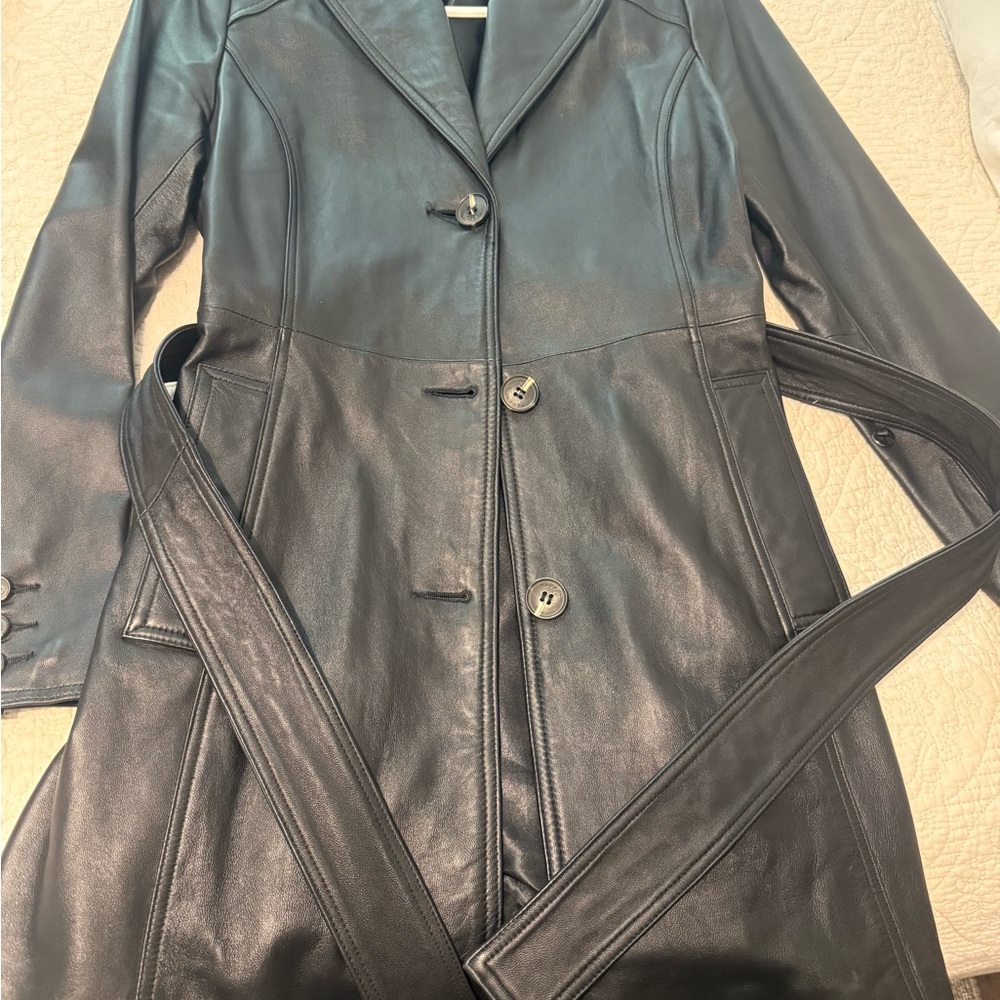 Tahari Black Leather Jacket with Tailored Silhouette and Strap Detail